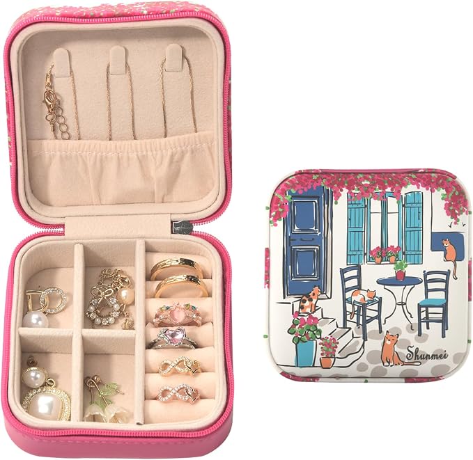 shunmei Mini Travel Jewelry Box,PU Leather Portable Jewelry Organizer Case,Art Accessories Storage Holder Boxes for Earring, Necklace, Rings, Bracelets (Four Cats) by KALUYA