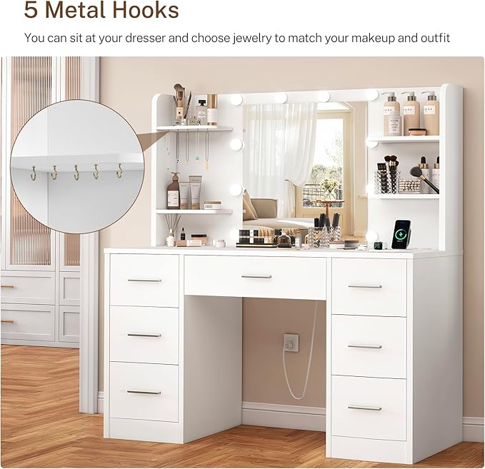 FIONESO Vanity Desk with LED Light Mirror & Power Outlet, 3 Adjustable Light Color, Makeup Vanity with 7 Drawers, 4 Shelves, 5 Jewel Hooks, White Vanity for Bedroom, Girls Vanity