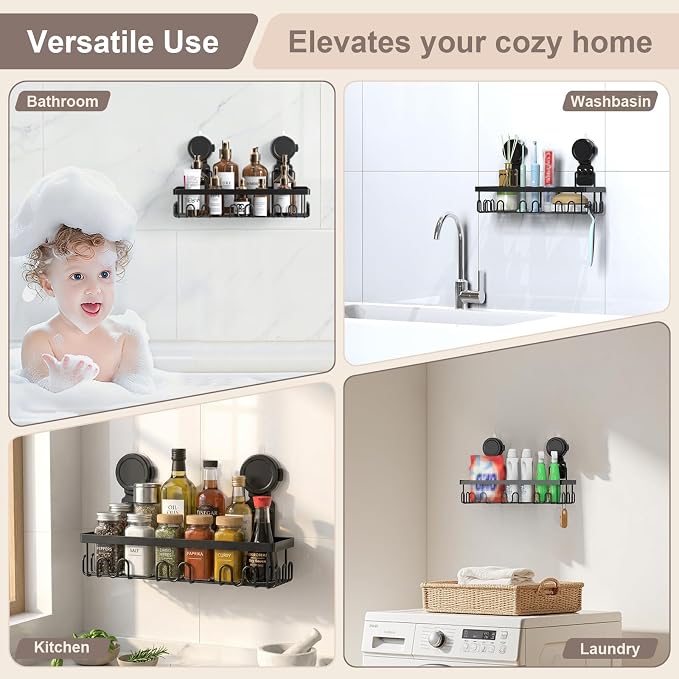 JOTPE Shower Caddy Suction Cup, Powerful Suction Storage Shelf Holds Up to 40 lbs, No Drilling Bathroom Organizer with Large Capacity, Removable & Reusable Shower Basket with Hooks, Rustproof, Black - Image 3