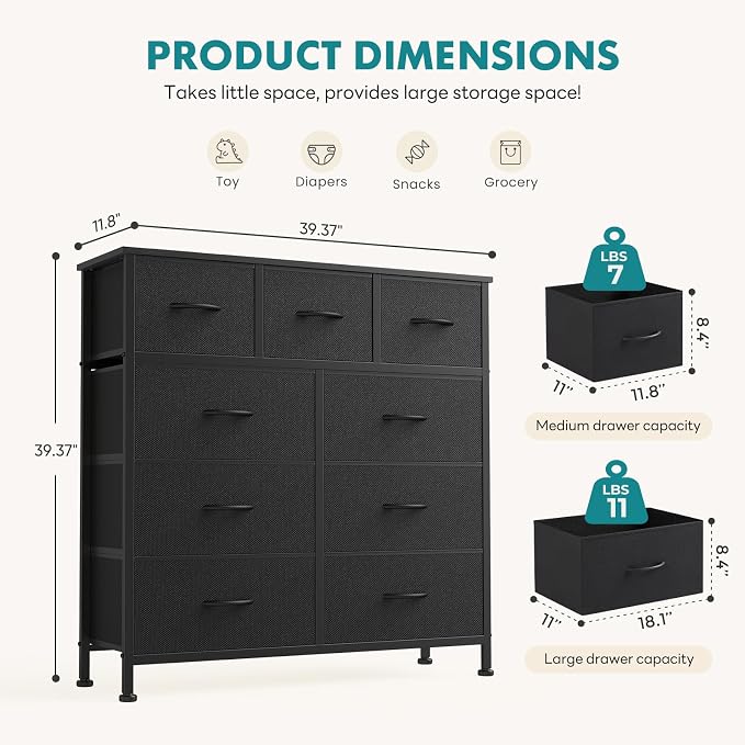 OLIXIS 9 Drawer Storage Dresser with Wood Top - Wide Fabric Chest Organizer for Bedroom, Closet, Living Room,Tower Cabinet, TV Stand, Hallway Entryway Furniture,Carbon Black - Image 3