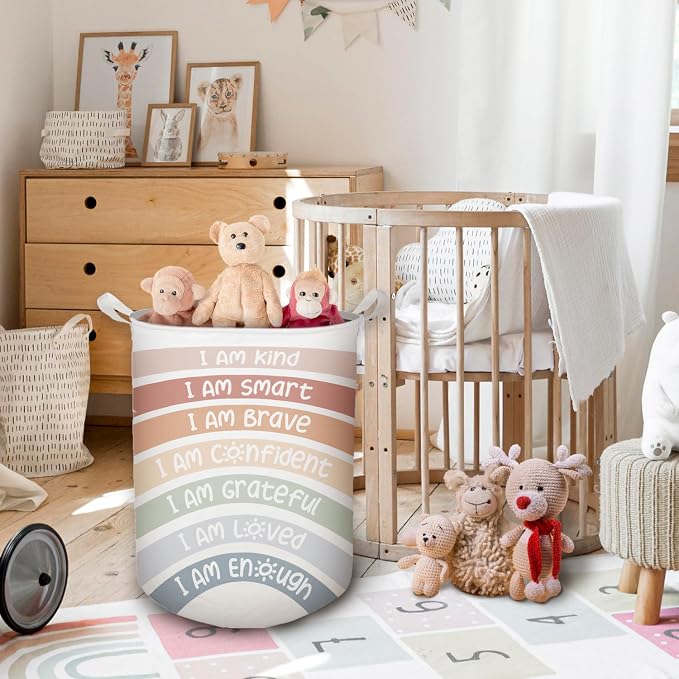 Boho Rainbow Laundry Basket, Positive Affirmations Inspirational Waterproof Collapsible Laundry Hamper Dirty Clothes Storage Toy Bin Organizer for Kids Room College Dorm Bedroom Bathroom - Image 2