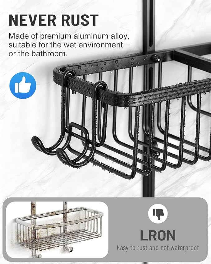 Adjustable Shower Caddy Hanging for Handheld Showerheads - Never Rust Shower Hanging Organizer, Upgraded Bathroom Shower Rack with Soap Basket, Hooks and Toothbrush Holder (Black) - Image 5
