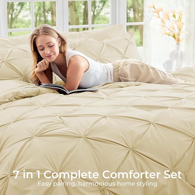 Sasttie California King Comforter Set, 7-Piece Bed in a Bag, Pintuck Bedding Sets for All Season, Includes Comforter, Flat Sheet, Fitted Sheet, Pillowcases and Pillowshams, Pale Yellow
