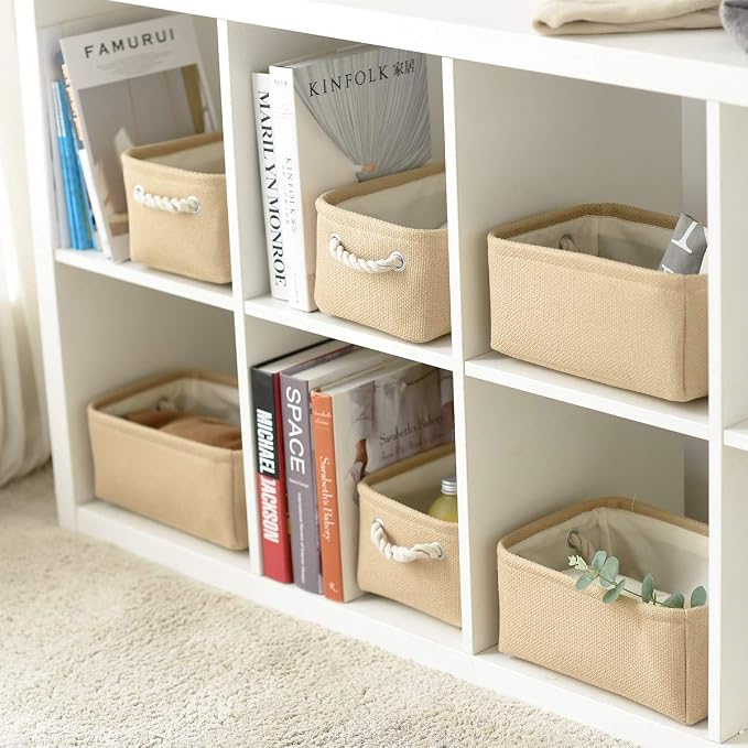 TheWarmHome Storage Basket for Organizing - Small 6 Pack 11.8x7.8x5.2 inch Fabric Storage Cubes with Cotton Rope Handle, Collapsible Storage Bins Baby Storage Toy Nursery (Beige) - Image 2