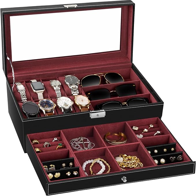 TomCare Watch Box 2-Tier Watch Case Jewelry Organizer Box with Thick Glass Lid Lockable Watch Organizer Jewelry Display Holder Sunglass Rings Necklaces Bracelets Storage Organizer for Men Women by TomCare