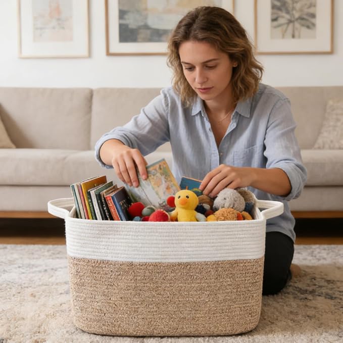 96L Large Blanket Basket,24"x16"x15"Rectangle Storage Bin with Handles,Woven Rope Laundry Basket for Toys, Clothes,Magazines,Home Organization,Nursery,Living Room & Bedroom,White & Brown - Image 4