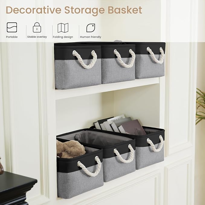 Storage Baskets for Shelves 13.8x9.8x6.7 Inch, Foldable Fabric Storage Bins with Handles, Small Storage Baskets for Organizing Closet, Office, Home Organization (6-Pack, Black&Gray) - Image 5