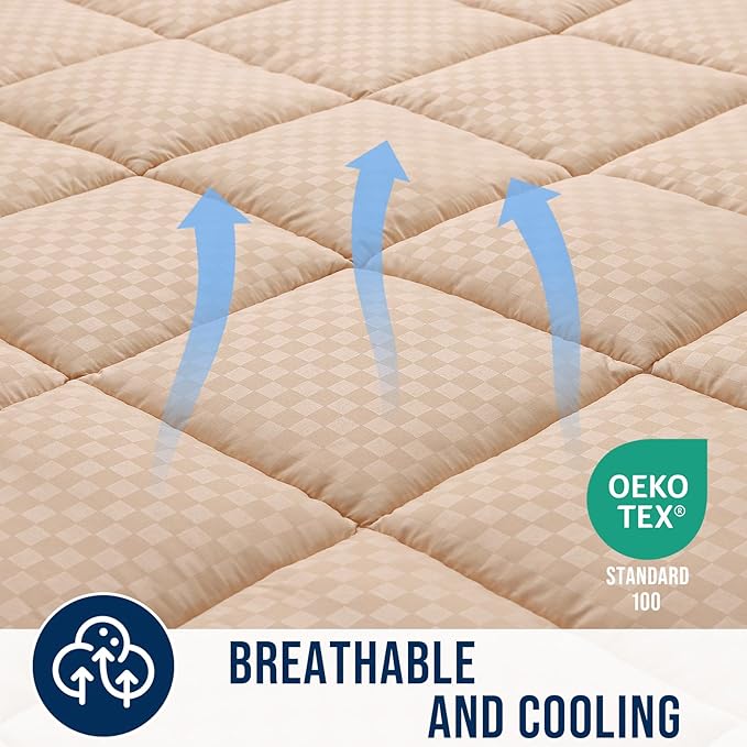 OLANLY Queen Quilted Fitted Mattress Pad, Elastic Fitted Mattress Topper, Cooling Soft Mattress Cover Stretches up to 21 Inches Deep, Machine Washable Mattress Protector (60x80 inch, Beige)