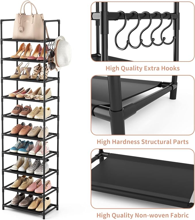 LANTEFUL 10 Tiers Tall Shoe Rack 20-25 Pairs Boots Organizer Storage Sturdy Narrow Shoe Shelf for Entryway, Closets with Hooks, Black - Image 4