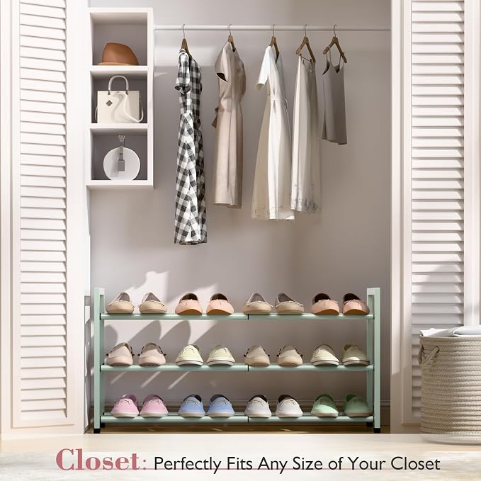 Bumusty 3-Tier Expandable Shoe Rack for Closet, 18“-33” Adjustable Shoe Rack for Small Space, Small Shoe Organizer for Front Door, Sturdy Metal, Green - Image 2
