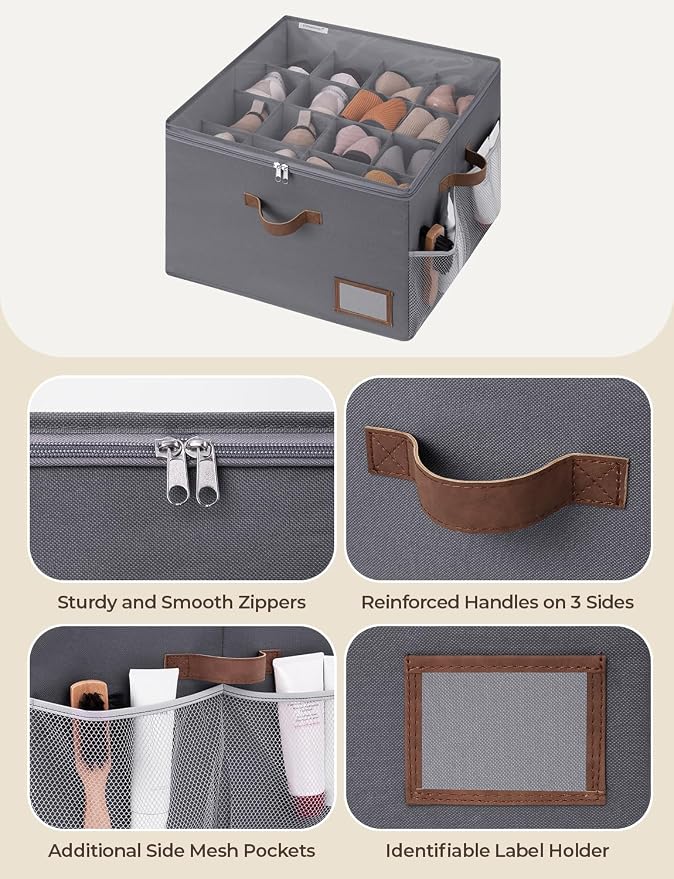 StorageWorks Shoe Organizer for Closet, Fabric Shoe Storage Boxes for Slippers and Sandals, Stackable Shoe Bins for Closet with Side Mesh Pockets, Holds Up to 16 Pairs, Grey - Image 3