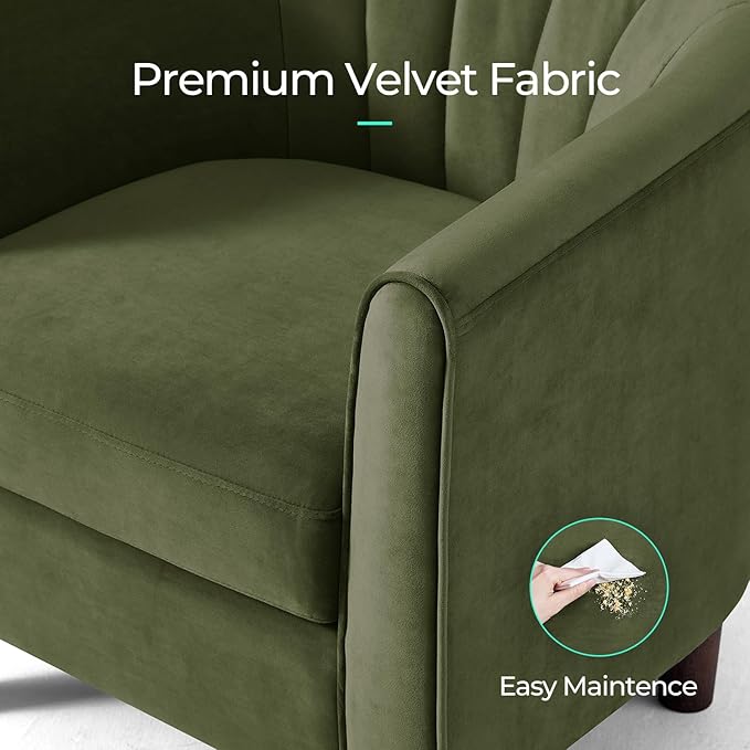 LINSY Accent Chair with Ottoman, Modern Barrel Chair Small Armchair Reading Chair with Footrest, Comfy Round Arms Chair for Living Room Bedroom Reading Room, Velvet, Olive Green