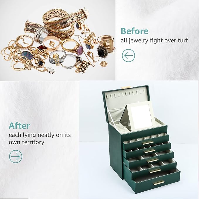 BOOVO Jewelry Boxes for Women, White and Black 6 Layer Large Jewelry Box for Necklace, Bracelet, Earrings, Rings Storage, Jewelry holder Organizer for Girls Gift (Green and Gold, 6 layer) - Image 7