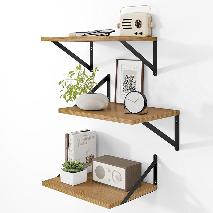 Heimlove Deep Floating Shelves for Wall, 12 Inch Deep Floating Shelves Set of 3, 16W x 12D Wood Wall Shelves, Wide Wood Shelves with Metal Bracket for Living Room, Kitchen, Office, Bedroom - Oak by Heimlove