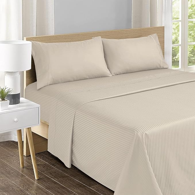 Feather & Stitch 500 TC Twin Size Damask Bed Sheet Set, 100% Cotton Soft Breathable Bedsheets, 3 Piece 18" Deep Pockets Sateen Weave Striped Bedding Mattress Resort Hotel Luxury- (Beige Stripe)