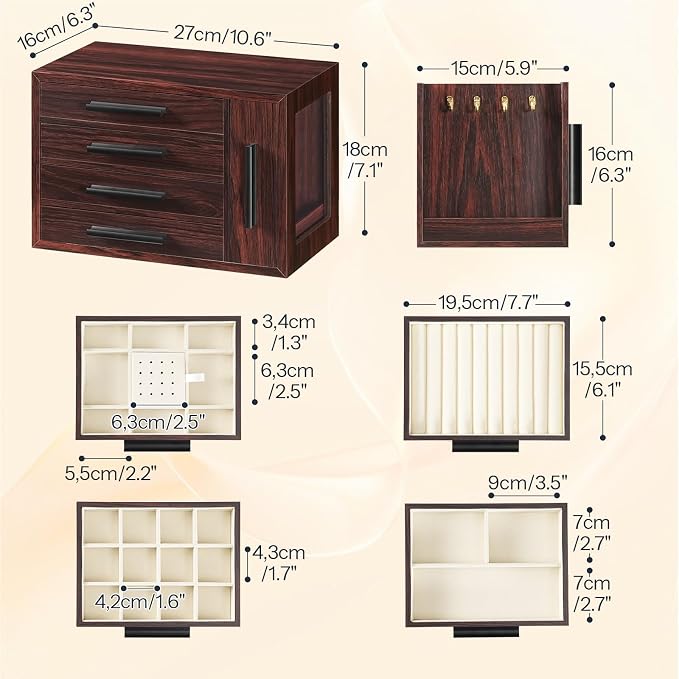 HOOBRO Jewelry Box for Women, Wooden Jewelry Organizer with Transparent Window, 4-Layer Jewelry Organizer Box, Jewelry Holder Organizer for Earrings, Necklaces, Rings, Dark Walnut and Black BRT09JB04 - Image 8