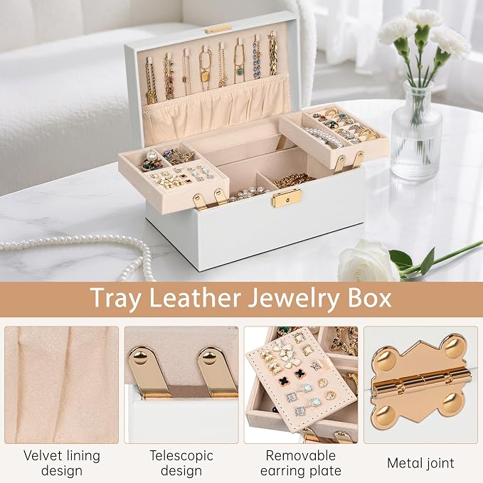 AKOZLIN Travel Jewelry Box Organizer Functional 2-trays Leather Jewelry Storage Case with Lockable Portable for Women Girls Ring Necklace Earring Bracelet - Image 3