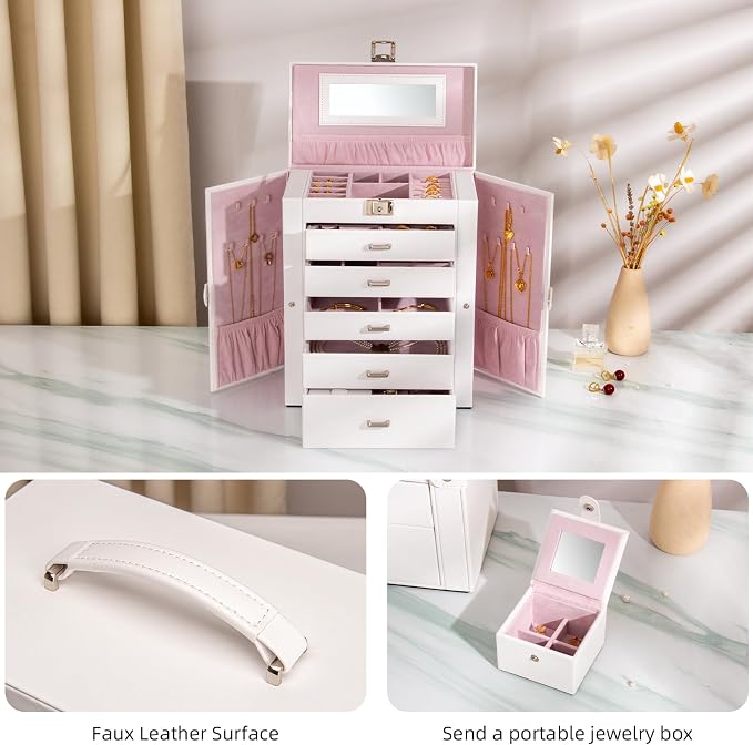 Large Jewelry Box,5-Tier PU Leather Jewelry Organizer with Lock,Multi-functional Storage Case with Mirror,Jewelry Organizer for Bracelets, Earrings, Rings, Necklaces, Mothers Day (CREAM) - Image 2