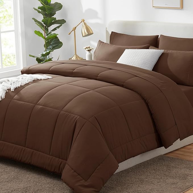 CozyLux Queen Comforter Set Brown, 7 Pieces Bed in a Bag, Brown Comforters Queen Size, All Season Bedding Sets with Stitch Quilted Comforter, Flat Sheet, Fitted Sheet, Pillowcases