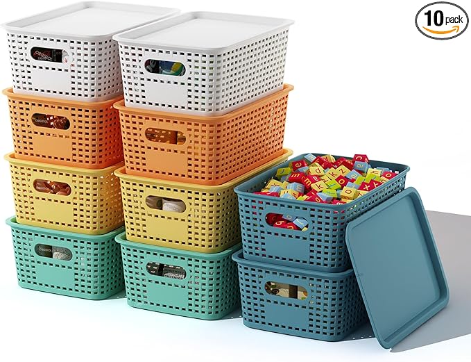 ORGIDOL Plastic Storage Basket with Lids 10 Pack Stackable Colorful Storage Bins Containers with Lid, Decorative Storage Boxes for Organizing Shelves, Drawers, Playroom, Classroom, Office, Closet by ORGIDOL