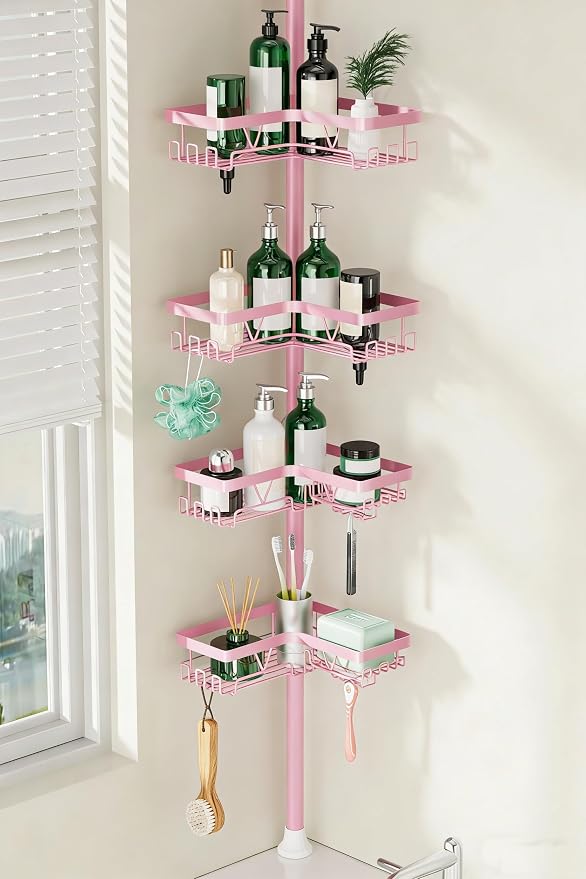 DAOYA Corner Shower Caddy Tension Pole - Pink - Rustproof Adjustable Bathroom Organizer Shelf for Shampoo, 25–114.2 Inch Shower Rack for Renters, Apartments by DAOYA