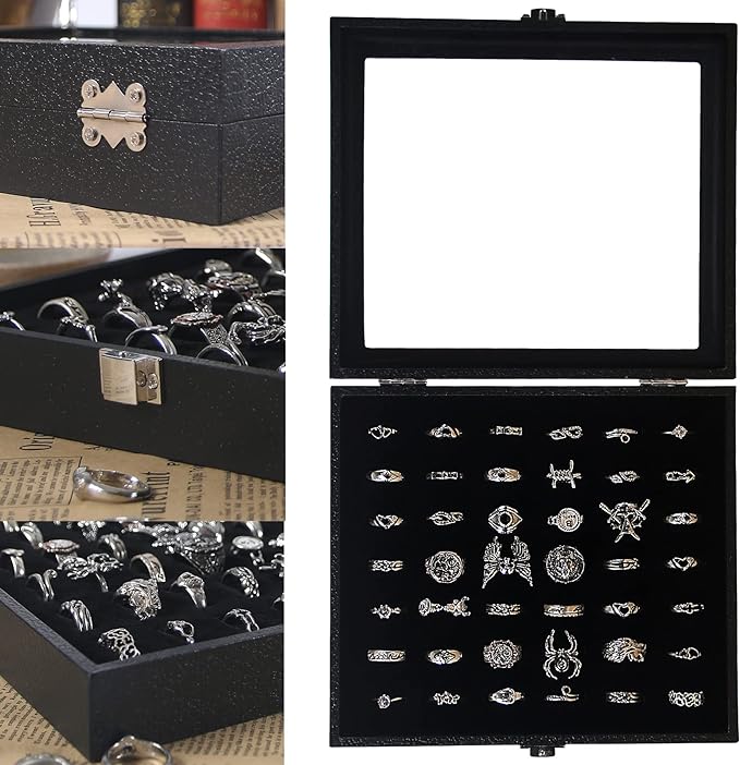 Pangkeep Ring Organizer Display Case,Black Jewelry Storage Tray Boxes for Multiple Rings,Glass Lid,Stackable. (42 Slots) - Image 3