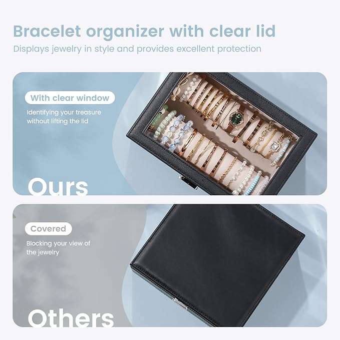 Lolalet Bracelet Display Holder with Rods for Bangles Watches, Clear Lid Jewelry Organizer Box Storage Case for Mothers Day Gifts -Black, 2 Rolls - Image 2