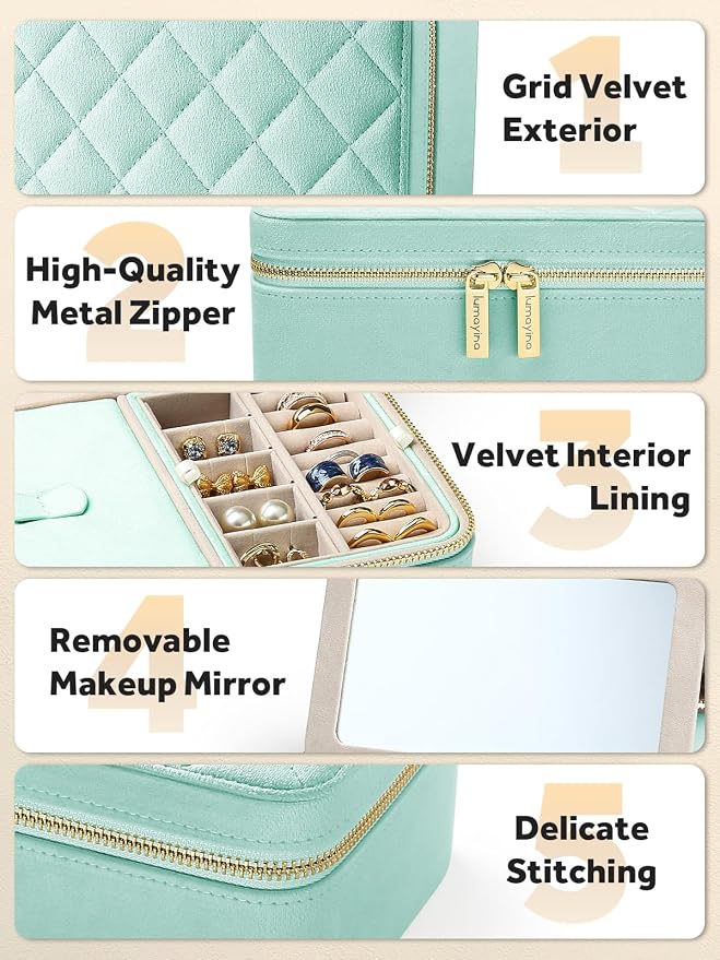 Velvet Travel Jewelry Box with Large Mirror, Double-Layer Jewelry Organizer Case for Women and Girls, Portable Storage Case with 6 Anti-Tarnish Bags Gift Ready for Her (Mint Green) - Image 5
