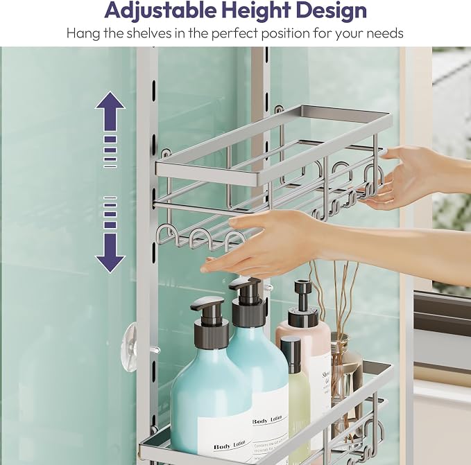 SWTYMIKI Over The Door Shower Caddy - 3 Tier Rustproof Hanging Shower Organizer with Adjustable Shelves, 28 Hooks & Soap Holder, Hanging Shower Rack Storage for Bathroom Accessories, Silver - Image 2