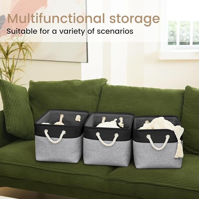 Large Storage Baskets- 15x11x10 inch Storage Bins for Shelves and Closet Organizing, Foldable Fabric Bin for Home Organization Clothes and Laundry (3-Pack, Black&Gray) - Image 6