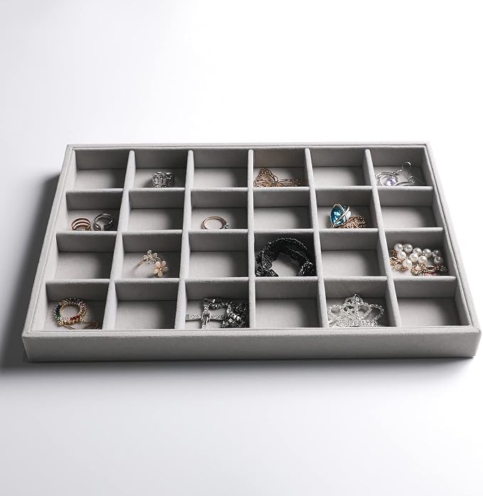 Frebeauty Stackable Velvet Jewelry Organizer Trays for Drawers Inserts Jewelry Storage Tray Display Case Earrings Bracelets Necklace Rings Accessories Trays for Women(Set of 4)(Grey). - Image 4