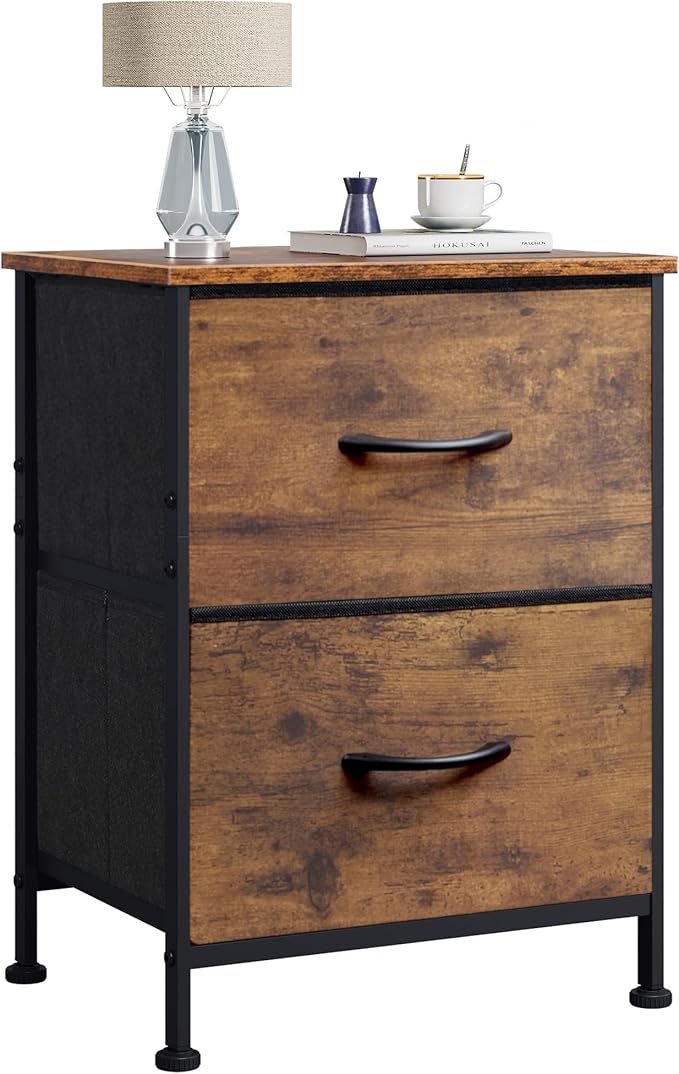 WLIVE Night Stand, Small Dresser with 2 Drawers & Wooden Top, Nightstand with Fabric Bins, Bedside Table End Table for Bedroom, Closet, Entryway, College Dorm, Rustic Brown