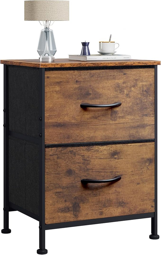 WLIVE Night Stand, Small Dresser with 2 Drawers & Wooden Top, Nightstand with Fabric Bins, Bedside Table End Table for Bedroom, Closet, Entryway, College Dorm, Rustic Brown