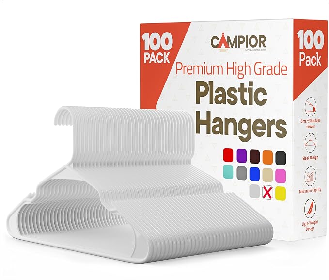White Plastic Hangers 100 Pack– Heavy-Duty Plastic Hangers Slim and Space-Saving, Durable and Lightweight PP with Non-Slip Shoulder Notches for Slip Dresses, Suits, Jackets & Camisoles by Campior