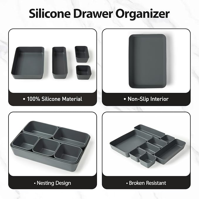 ISSEVE 8Pcs Nesting Silicone Drawer Organizer Trays, 4 Size Versatile Vanity Bathroom & Desk Drawer Organizer Set Storage Bins for Office,Kitchen,Nightstand,Black - Image 8
