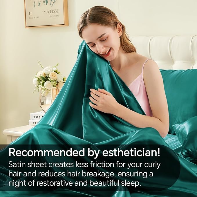 BEDELITE Satin Sheets Queen Size Bed Set, Luxury Soft Teal Silky Sheets for Hair and Skin, Similar to Silk Bed Sheets Set 4 Pieces （1 Deep Pocket Fitted Sheet, 1 Flat Sheet, and 2 Pillowcases）