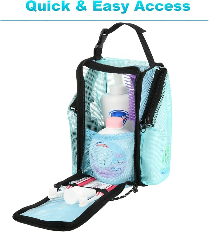 Cosmos Mesh Shower Caddy Toiletry Organizer Hanging Shower Tote Bag, Quick Dry Shower Organizer Portable Bath Bag with Durable Zippers & Side Pockets for Travel Gym Swimming Beach & Camp (Aqua Blue) - Image 3