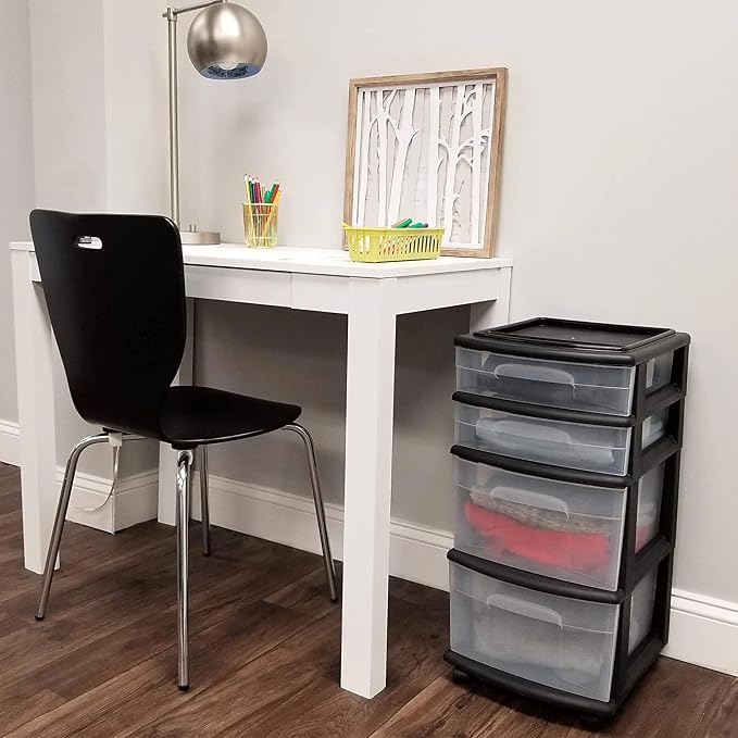 HOMZ 2-Pack Drawer Tower, 4-Tier Clear Plastic Storage Organizer Cart, Black Frame - Organizing Containers with Wheels for Home, Bathroom, Bedroom, Office, and Classroom - Image 2