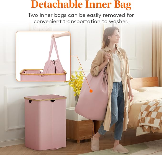 Lifewit 150L Double Laundry Hamper with Lid, Large Laundry Basket with Removable Bag & Bamboo Handles, Fodable Tall Dirty Clothes Hamper for Laundry Collapsible Bin for Bathroom Bedroom Dorm, Pink - Image 4