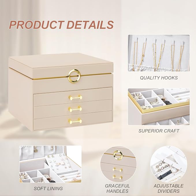 Jewelry Box Organizer for Women Girls, 4-Layer Large Jewelry boxes with 3 Drawers Jewelry Storage Case for Earrings Bracelets Necklaces - Image 8