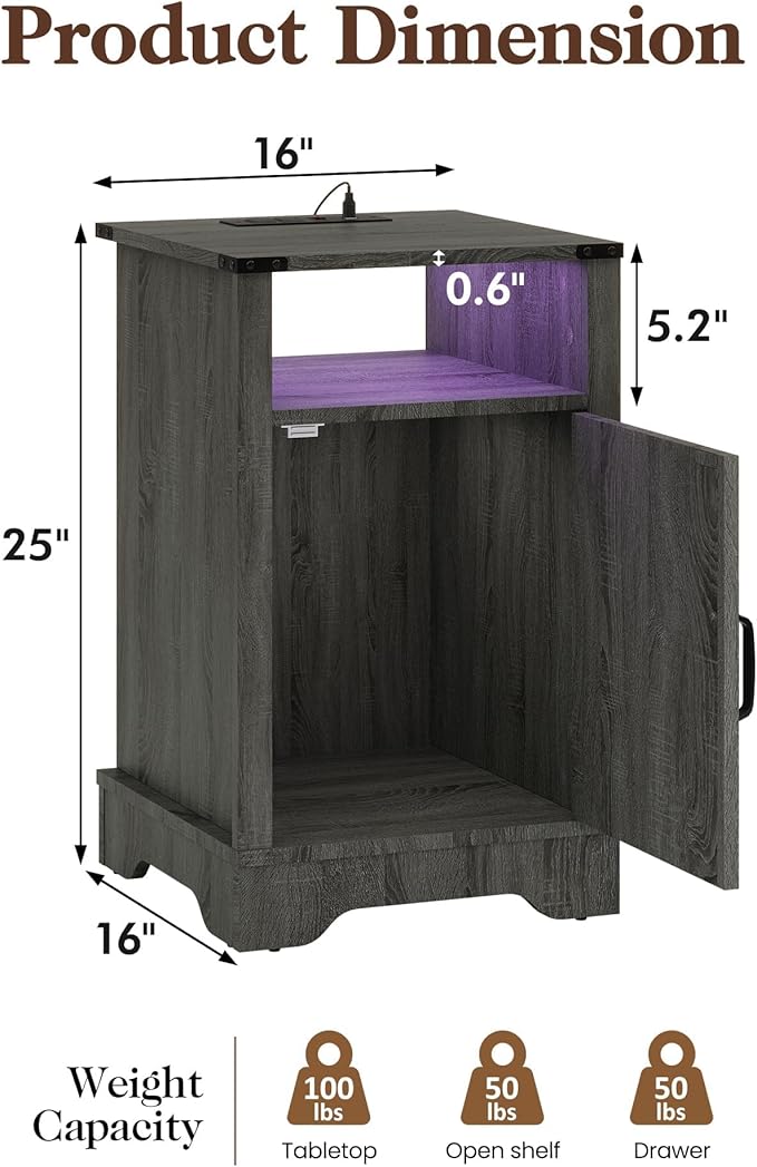 RoyalCraft 25" Tall LED Nightstand with Charging Station, Farmhouse Nightstand with Led Lights, Wooden Rustic Side Table for Bedroom, Dark Grey End Table with Storage