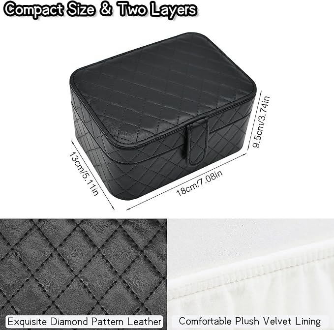 Jewelry Travel Case, 2-Layer Jewelry Box Organizer Medium Jewelry Travel Box, Portable Faux Leather Jewellery Storage Boxes with Argyle for Women, Daily Jewellery Case Home Use (Pure black) - Image 2