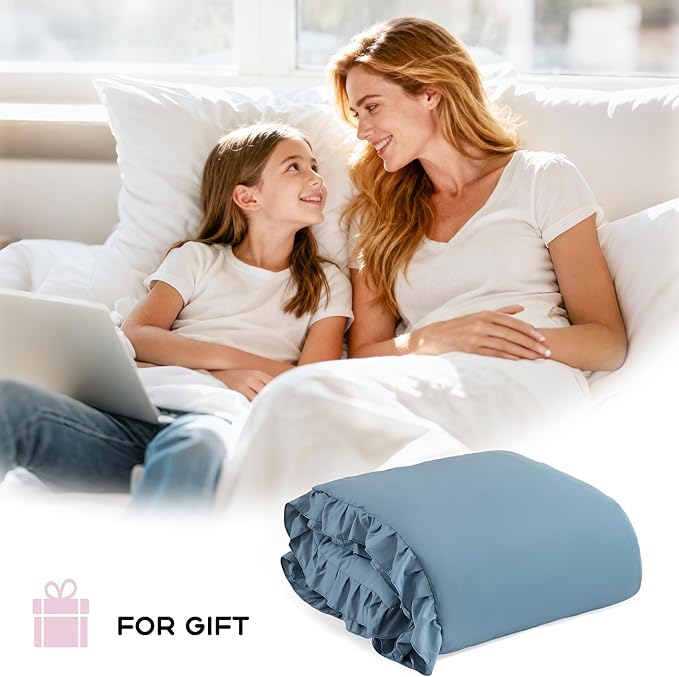 JANZAA Comforter Set Full Size Mineral Blue Ruffle Comforter 3PCS Soft Fluffy Comforter Vintage Farmhouse Bed Comforter Set Shabby Chic Bedding with 2 Pillowcases
