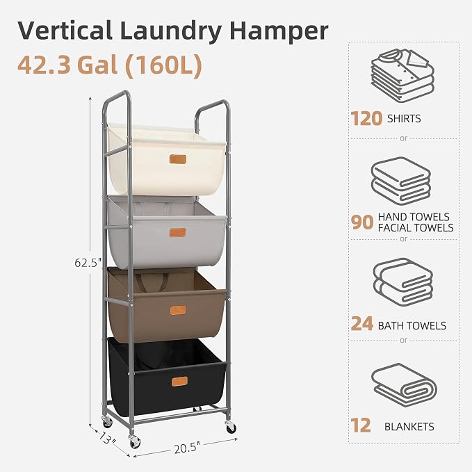 STORAGE MANIAC Vertical Rolling Laundry Hamper, 4 Section Laundry Sorter with Wheels and 2 Breaks, 4-tier Laundry Baskets for Small Space, Dorm, Laundry Room, Closet, Multicolored 4-tier - Image 4