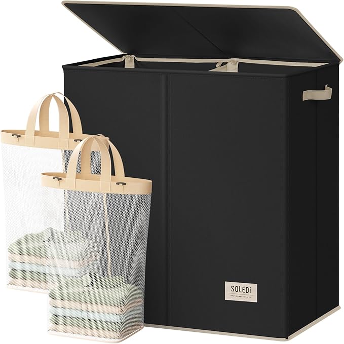 SOLEDI Large Double Laundry Hamper with Lid,165L Collapsible Clothes Hamper 2 section with Removable Bags, Space-Saving Laundry Basket for Bedroom, Dorm, College by SOLEDI