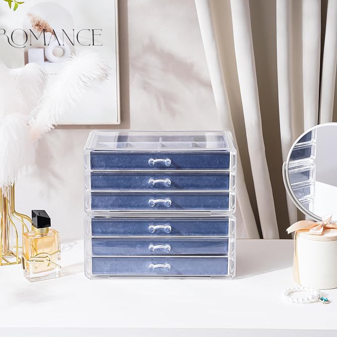 Lolalet Earring Holder Organizer Box Jewelry Storage with 6 Drawers, Clear Acrylic Stackable Earring Case with Adjustable Velvet Trays for Women on Dresser Vanity -Blue, 6 Layers - Image 5
