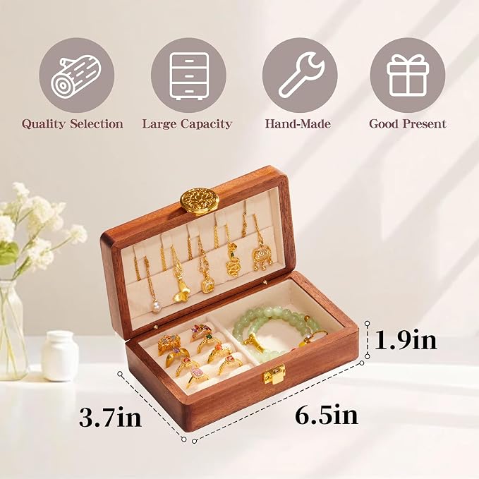 Travel Jewelry Case Small Wood Jewelry Organizer Jewelry Box for Women (Nut-Brown Print B) - Image 2