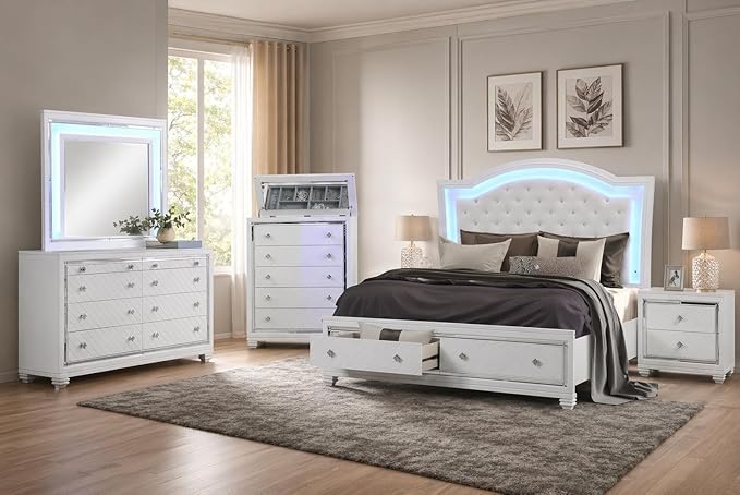 First of a Kind Shiney Contemporary 5 Piece Queen Bedroom Set High Gloss White Finish with Upholstered Headboard, Sleek Modern Bedroom Furniture Set for Coordinated Interiors