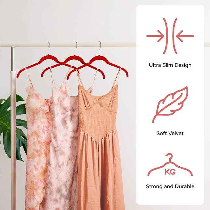 Sishynio Velvet Hangers 50 Pack – Slim Non-Slip Flocked Hangers with 360° Swivel Hook, Space-Saving Closet Organizer for Dresses, Blouses, Coats(Red) - Image 3