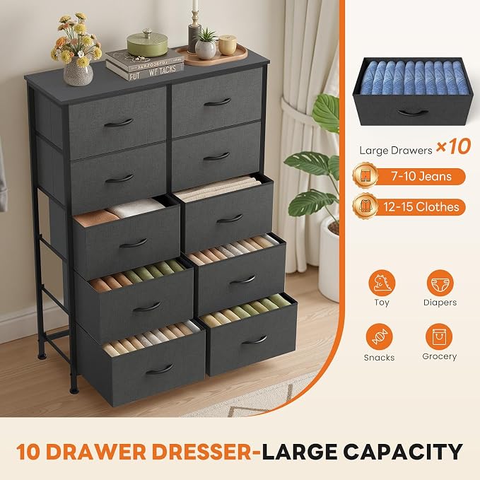 Sweetcrispy 10 Drawer Dresser, Tall Fabric Dresser for Bedroom, Storage Tower with Bins Chest Organizer Unit for Closet, Hallway, Steel Frame Wood Top, Easy Pull Handle, Grey - Image 4